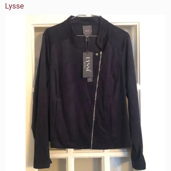 Lysse Navy Faux Suede Motto Silver Zipper Biker Punk Jacket 1x - Picture 2 of 2